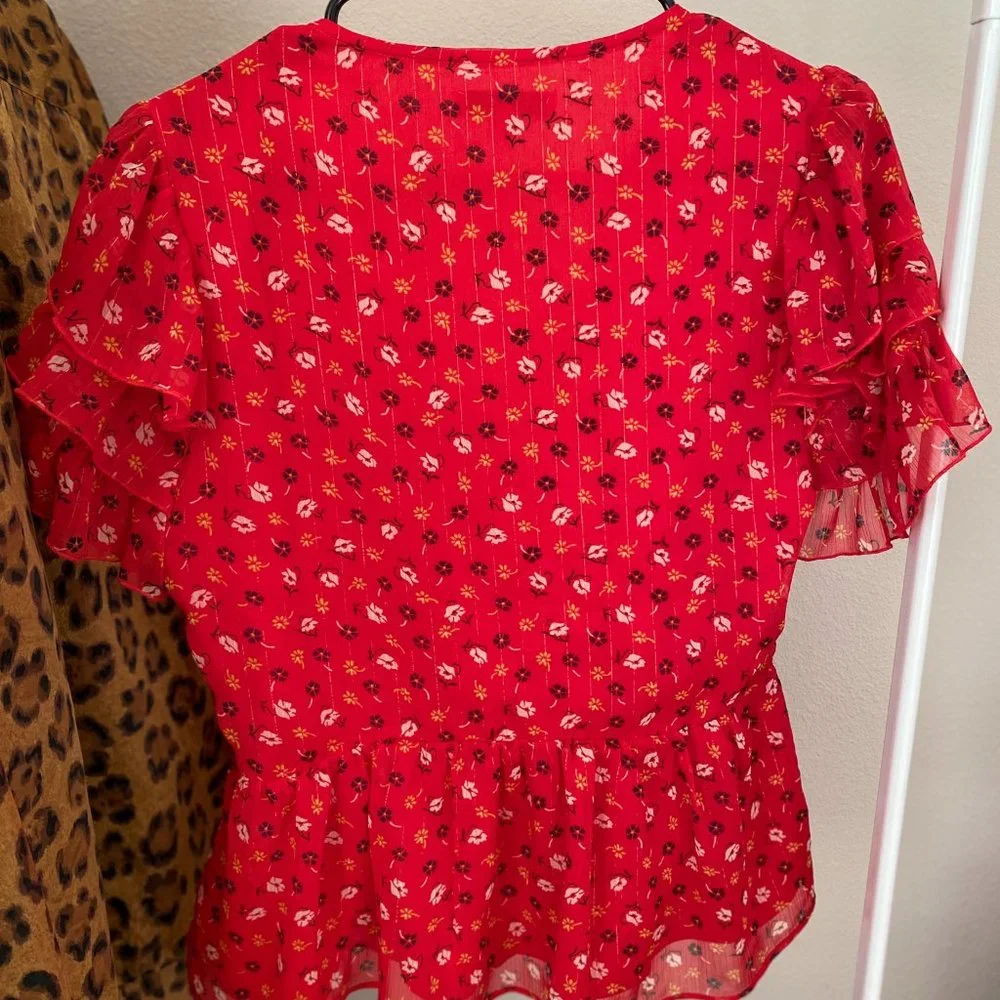 Madewell Red Floral Print Blouse / Tiered-Sleeve Peplum Top - Picture 7 of 7